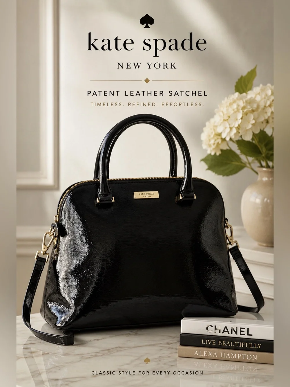 Kate Spade New York Black Patent Leather Satchel Crossbody Bag Zip Top Gold Logo